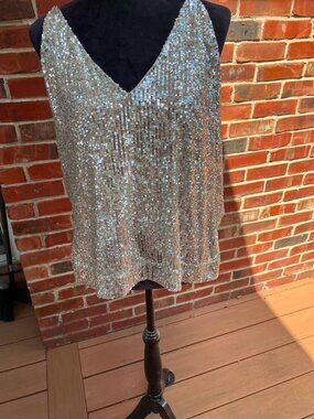 Gianni Bini Silver Sequin V Neck Tank Top with Spaghetti Straps Size L